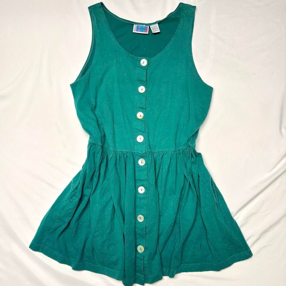VTG 1995 EQP Beach Equipment Teal Green Pearl Button Up Ruffle Mini Dress